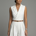 White sleeveless V-neck short dress with belted waist and pleated shorts