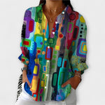 Colorful abstract-print blouse with button front and long sleeves