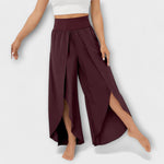 Women’s wide-leg pants with elastic waist, dark maroon, long side slit draped hem