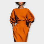 Orange midi dress front view with gathered puff sleeves and cinched waist