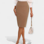 High-waist midi pencil skirt in beige, fitted silhouette with straight hem
