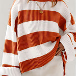 Women’s winter striped knit sweater in white and orange, crew neck, ribbed cuffs