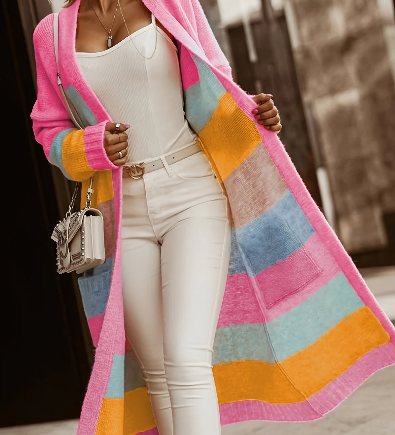 Noemi pastel striped long cardigan with pink front and multicolor block panels