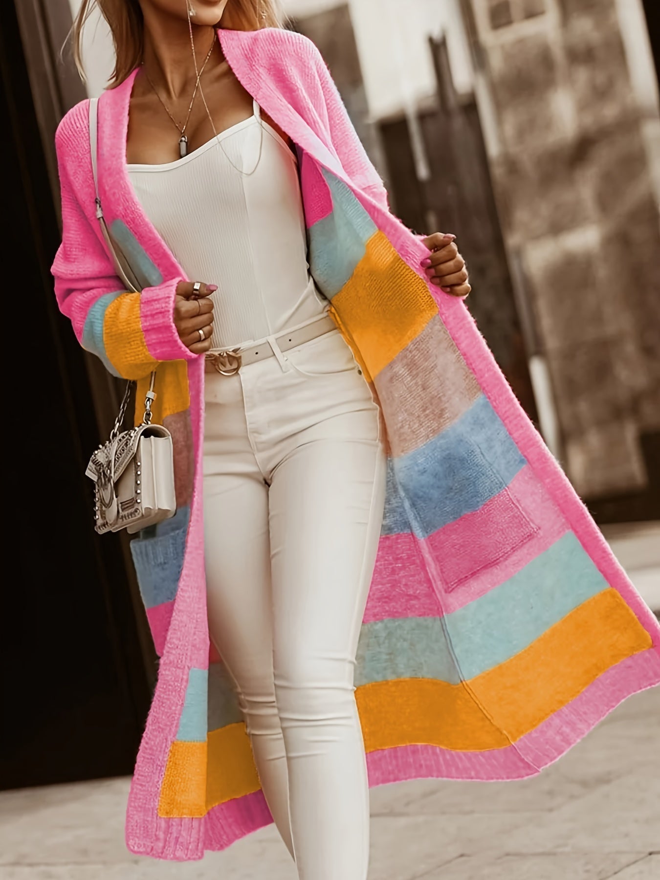 Noemi pastel striped long cardigan with pink front and multicolor block panels