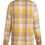Yellow plaid long-sleeve button-up shirt, back view, collared and buttoned