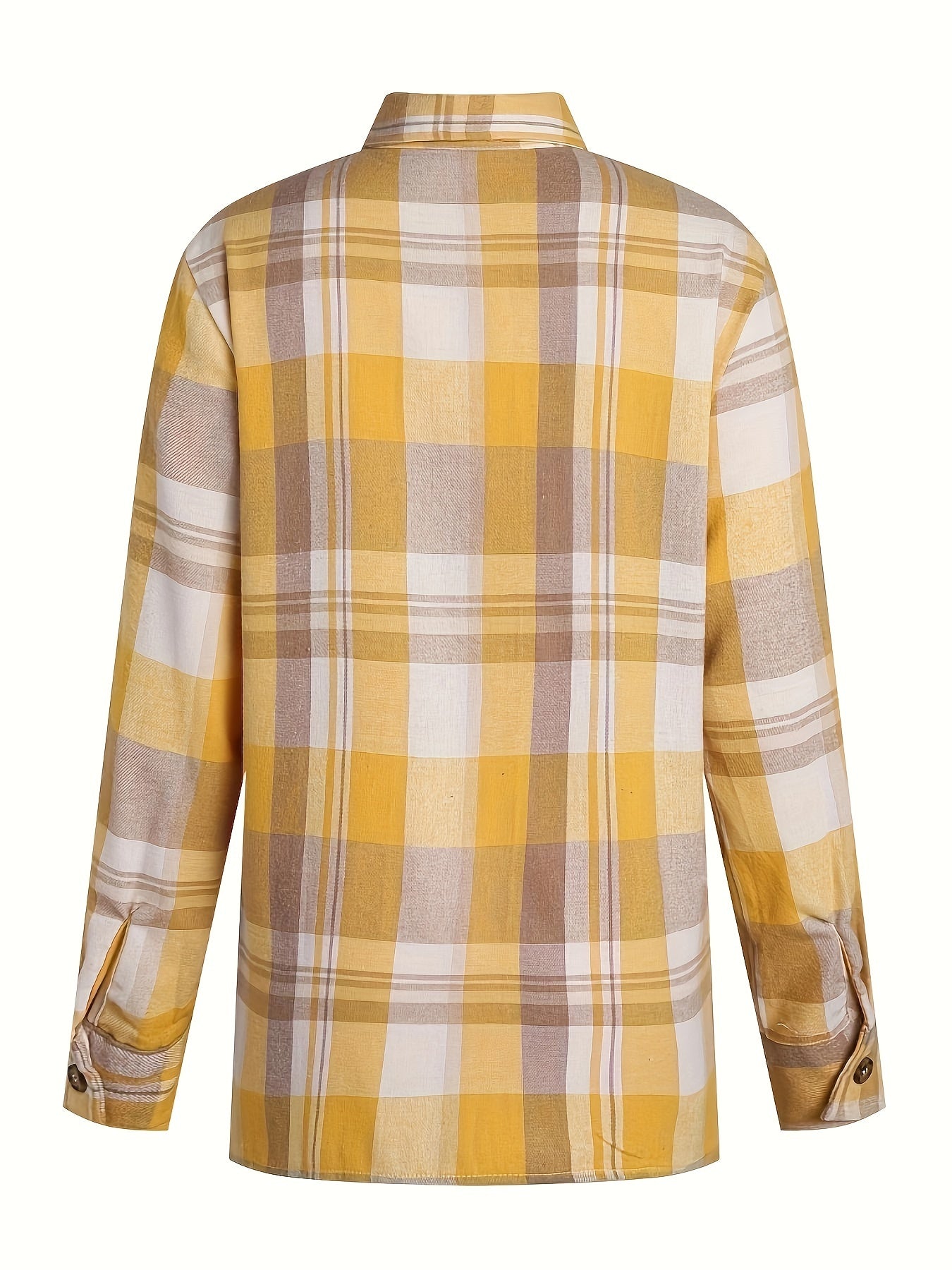Yellow plaid long-sleeve button-up shirt, back view, collared and buttoned