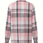 Pink and gray plaid long-sleeve button-up shirt, back view with yoke stitching