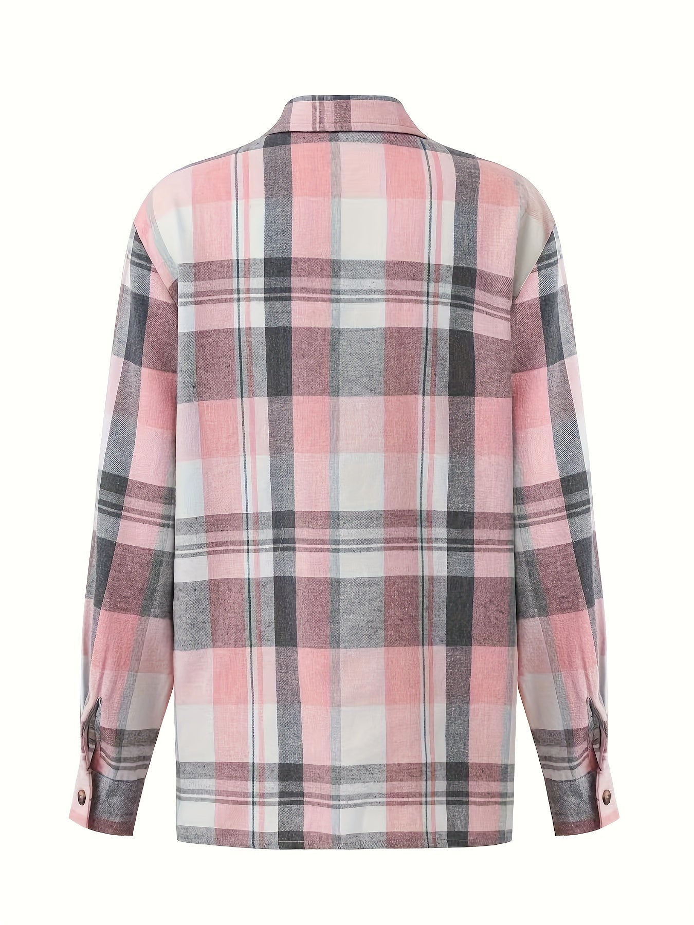Pink and gray plaid long-sleeve button-up shirt, back view with yoke stitching