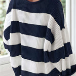 Women’s winter striped knit sweater in white and navy, loose fit, crew neck, long sleeves