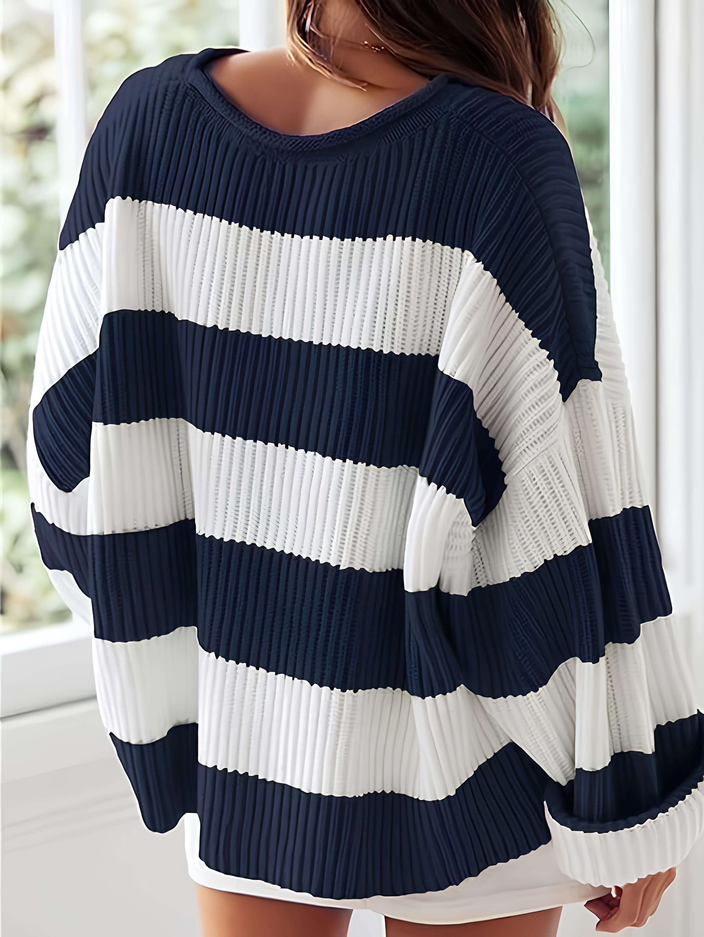 Women’s winter striped knit sweater in white and navy, loose fit, crew neck, long sleeves