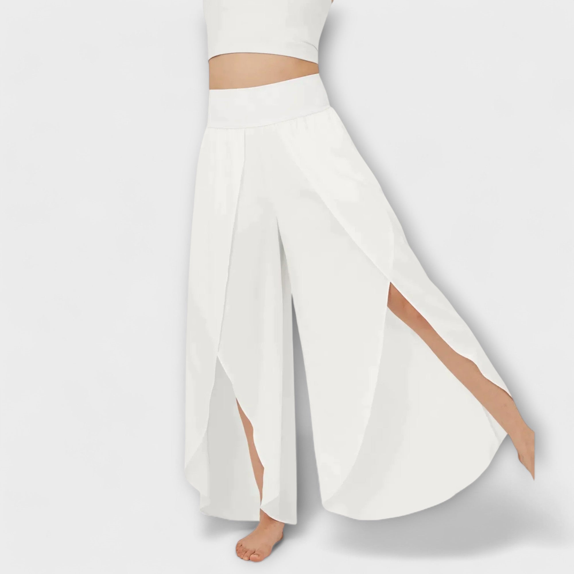 AirFlow women's wide-leg pants, white with elastic waist and side slit