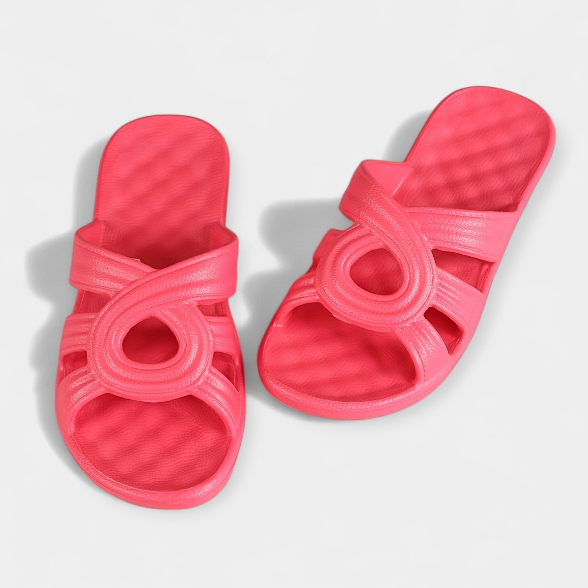 Summer vacation platform sandals, bright pink slide with circular cutout strap