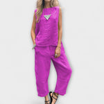 Purple sleeveless tunic top and matching wide-leg pants, linen-cotton blend