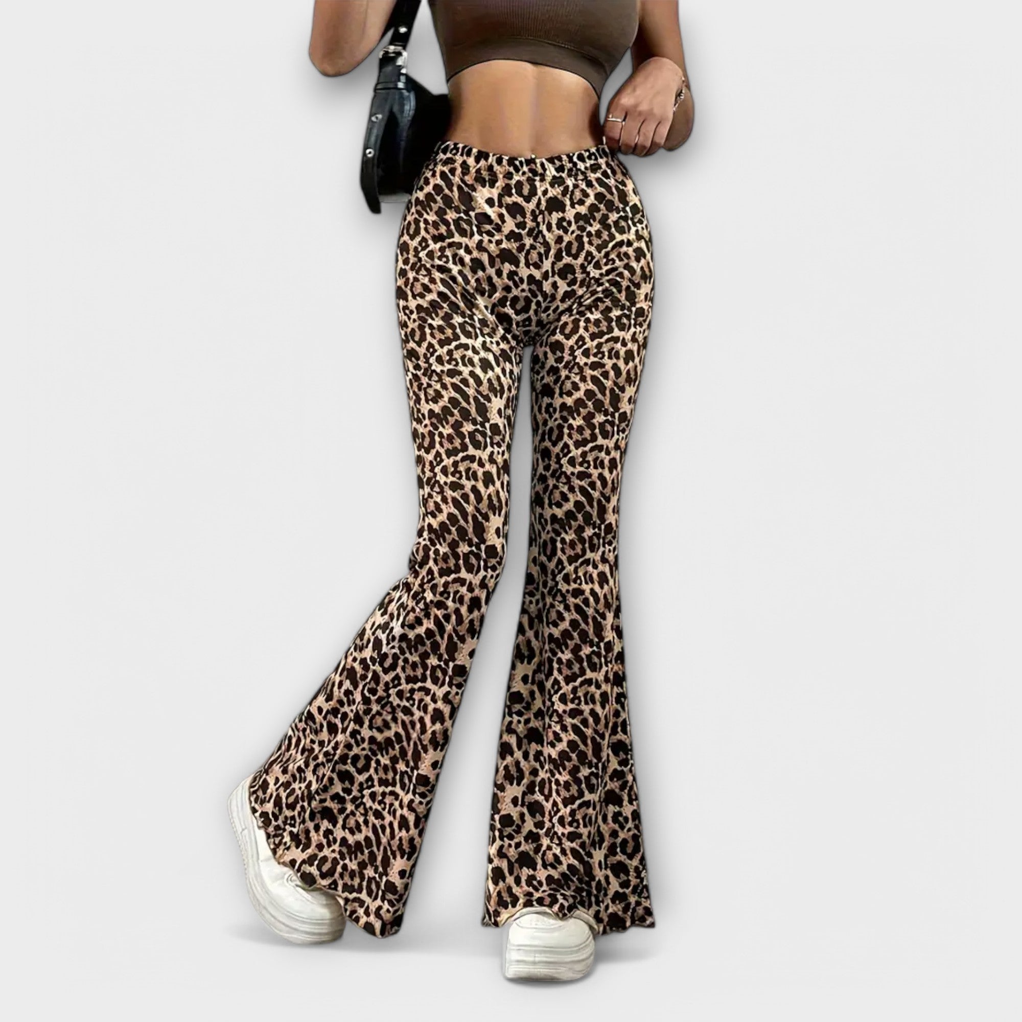 Leopard print flared pants with high-rise waist, wide bell-leg cut