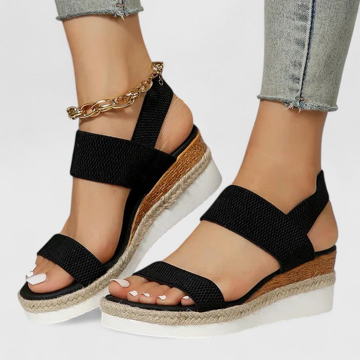 Merill orthopedic sandals, black wide straps with espadrille wedge sole