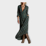 Women’s plaid shirt dress in dark green with button placket and draped hem, 3/4 sleeves