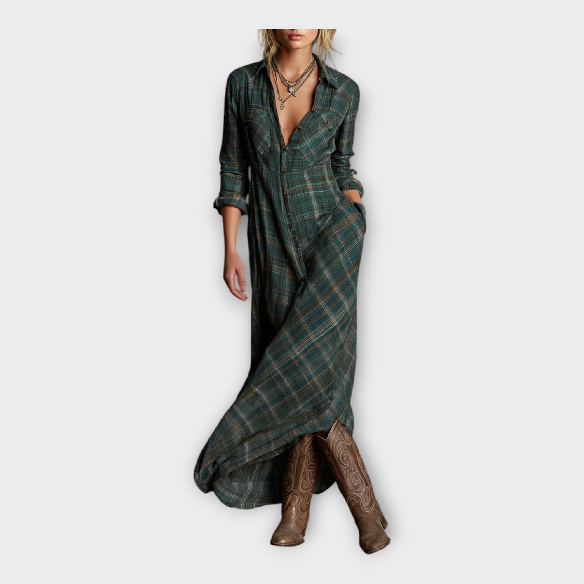 Women’s plaid shirt dress in dark green with button placket and draped hem, 3/4 sleeves