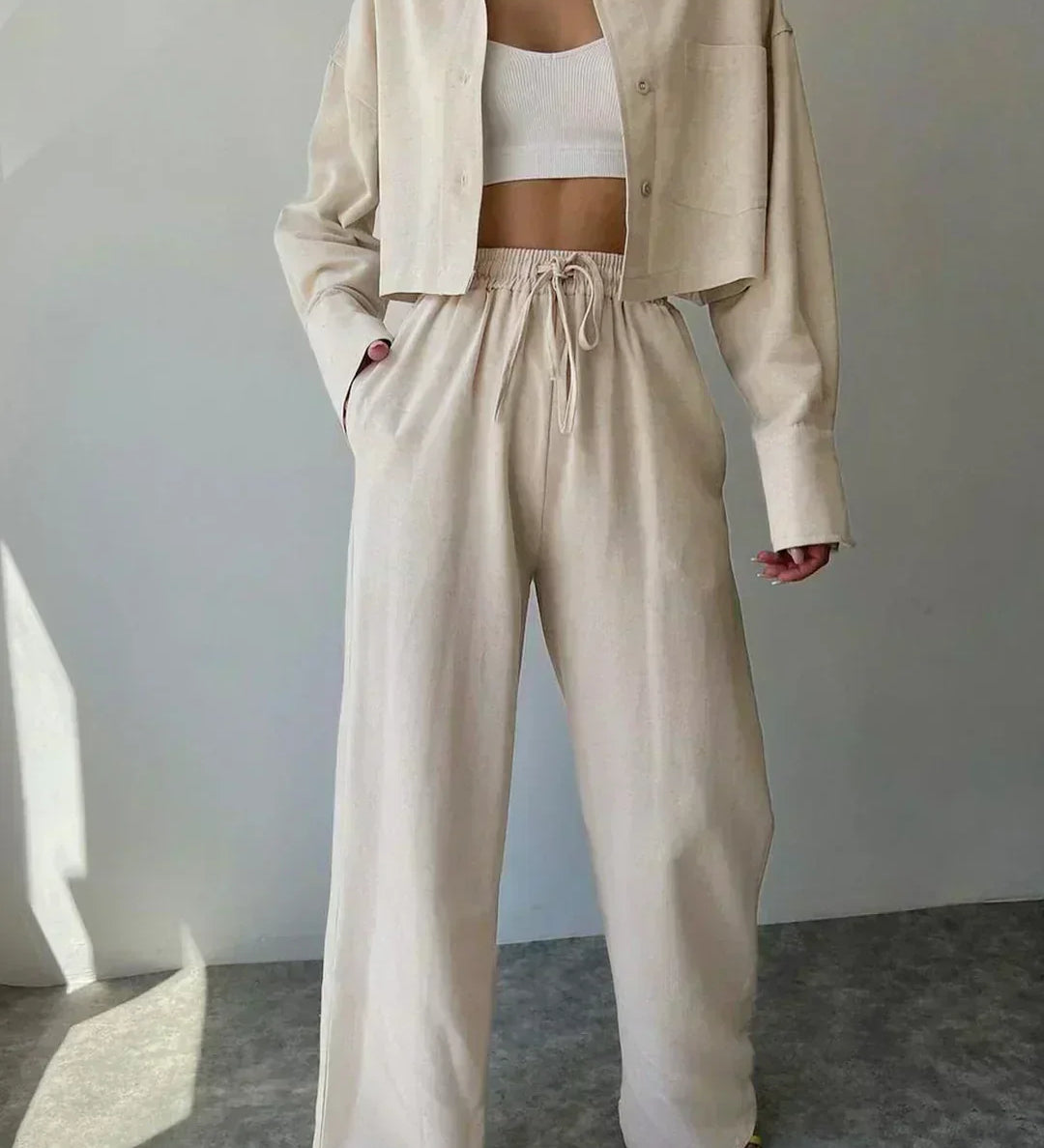 Light beige two-piece set: collared button-up shirt and wide-leg drawstring pants