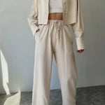 Light beige two-piece set: collared button-up shirt and wide-leg drawstring pants