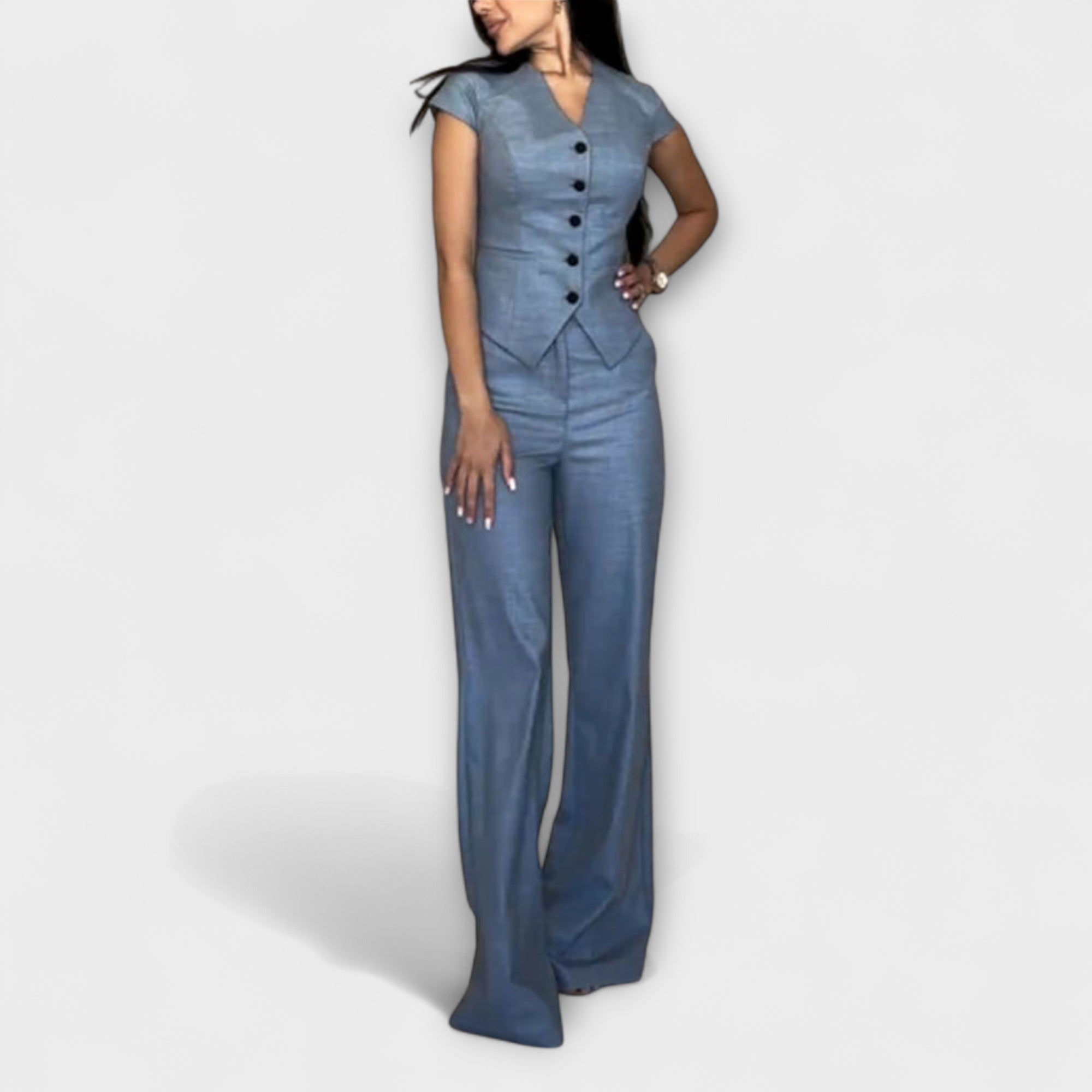Blue V-neck button-front top and wide-leg pants set, tailored fitted waist