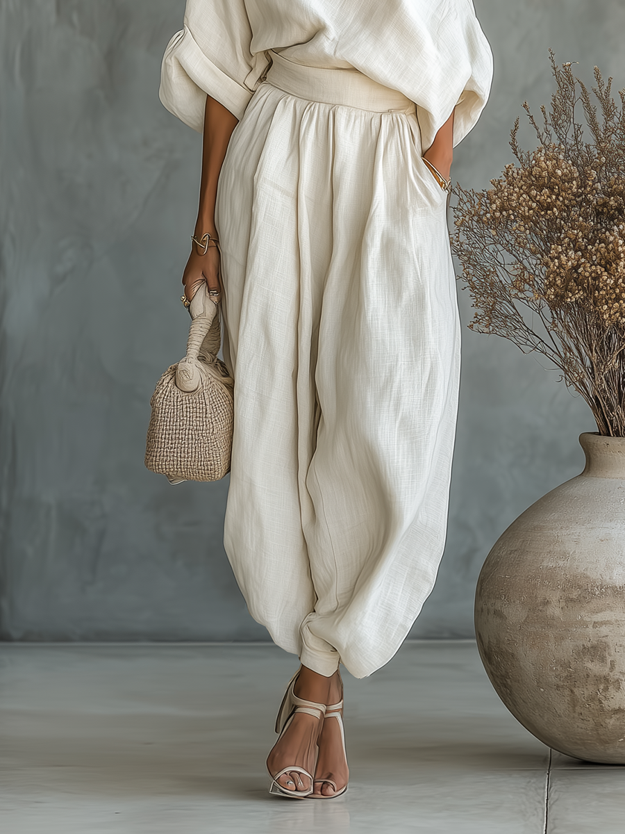 Selene cream balloon pants set with elastic gathered waist and cuffed hems