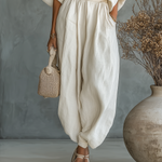 Selene cream balloon pants set with elastic gathered waist and cuffed hems