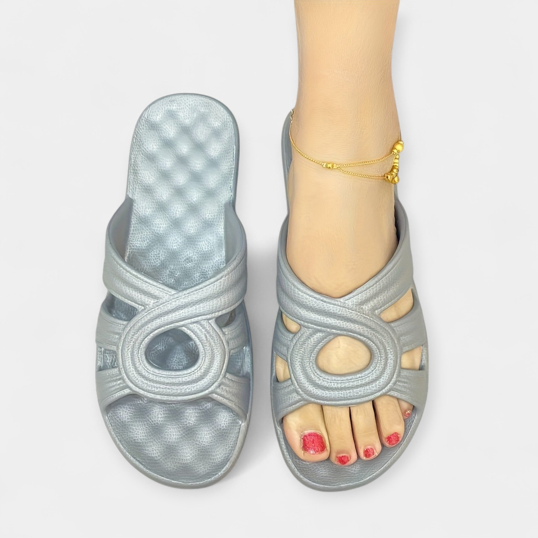Summer vacation platform sandals, silver-blue slide with circular cutout strap