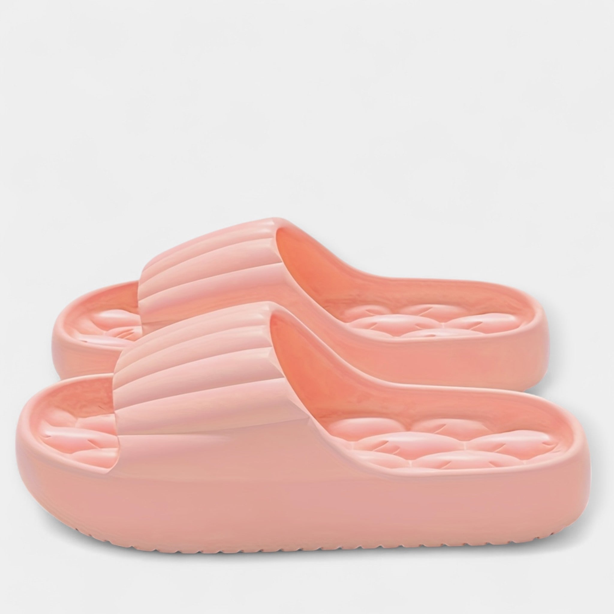 All-season slippers, coral pink molded slip-on slides with textured footbed and wide strap