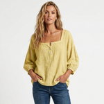 Linen blouse in dark yellow with square neckline and button front, puff sleeves