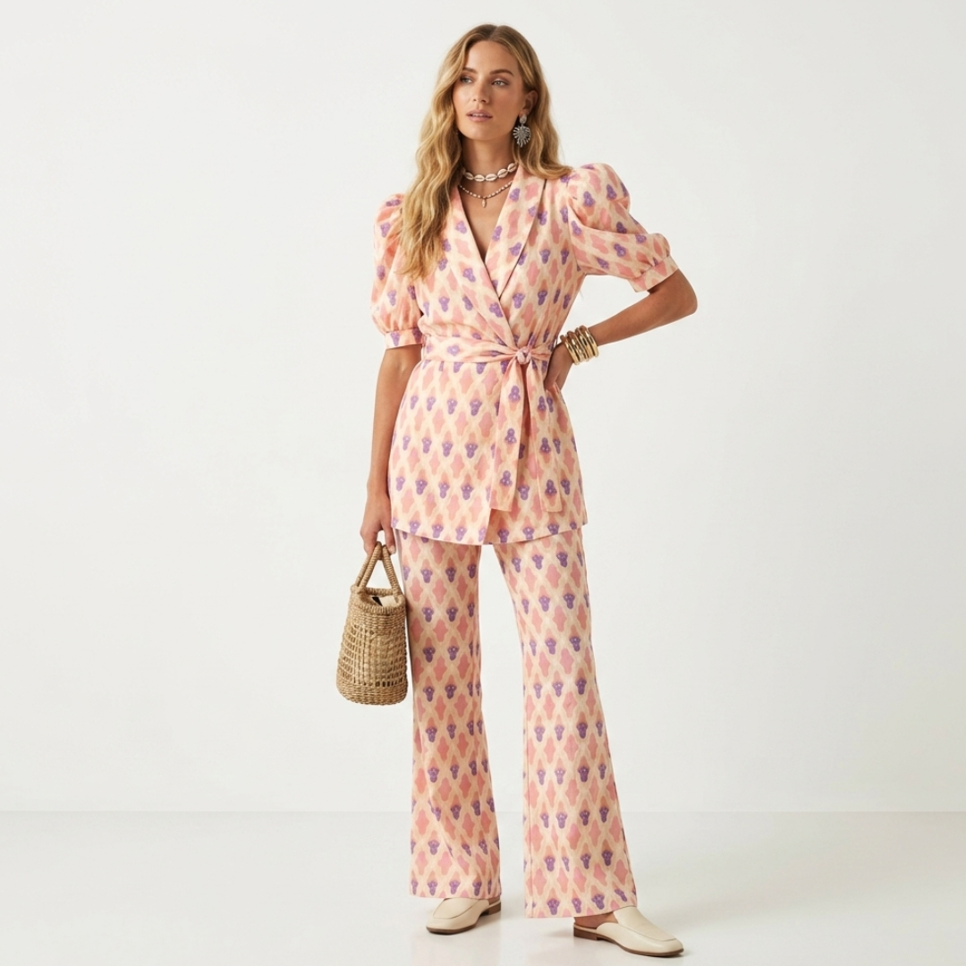Women's pink patterned puff-sleeve top and wide-leg pants set, tied waist