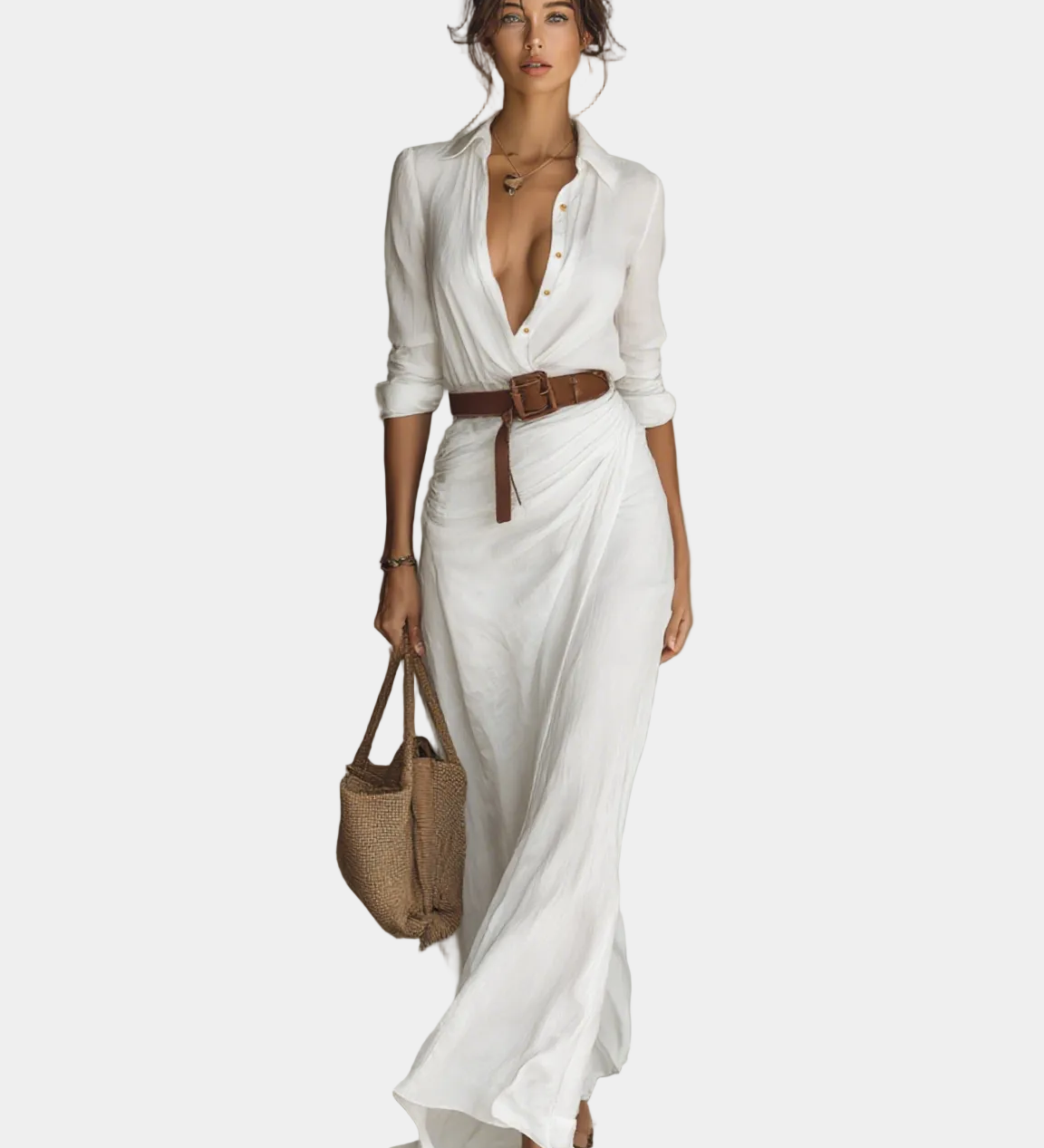 Maxi wrap dress, long sleeves, reversible notch collar, white, belted waist, button front
