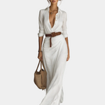 Maxi wrap dress, long sleeves, reversible notch collar, white, belted waist, button front