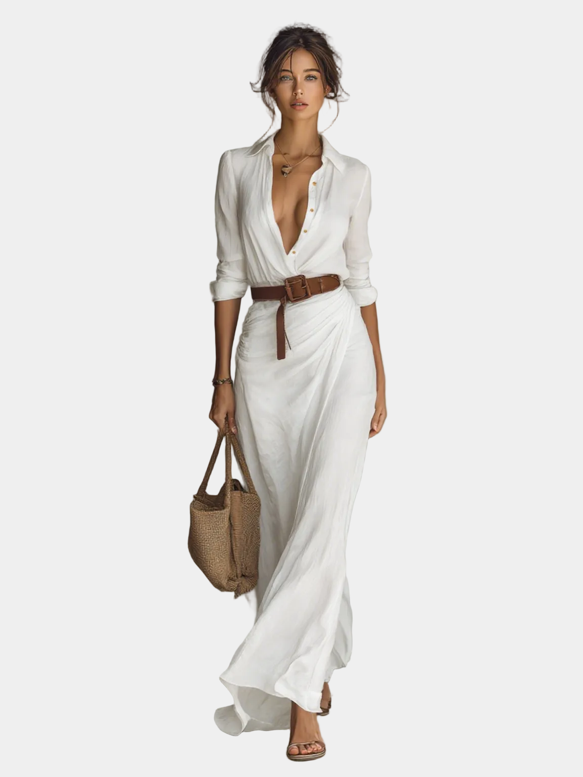Maxi wrap dress, long sleeves, reversible notch collar, white, belted waist, button front