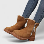 Brown suede ankle boots with faux-fur lining and side zipper, thick lug sole
