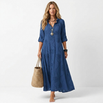 Long summer floral dress, navy blue, V-neck, 3/4 sleeves, ankle length