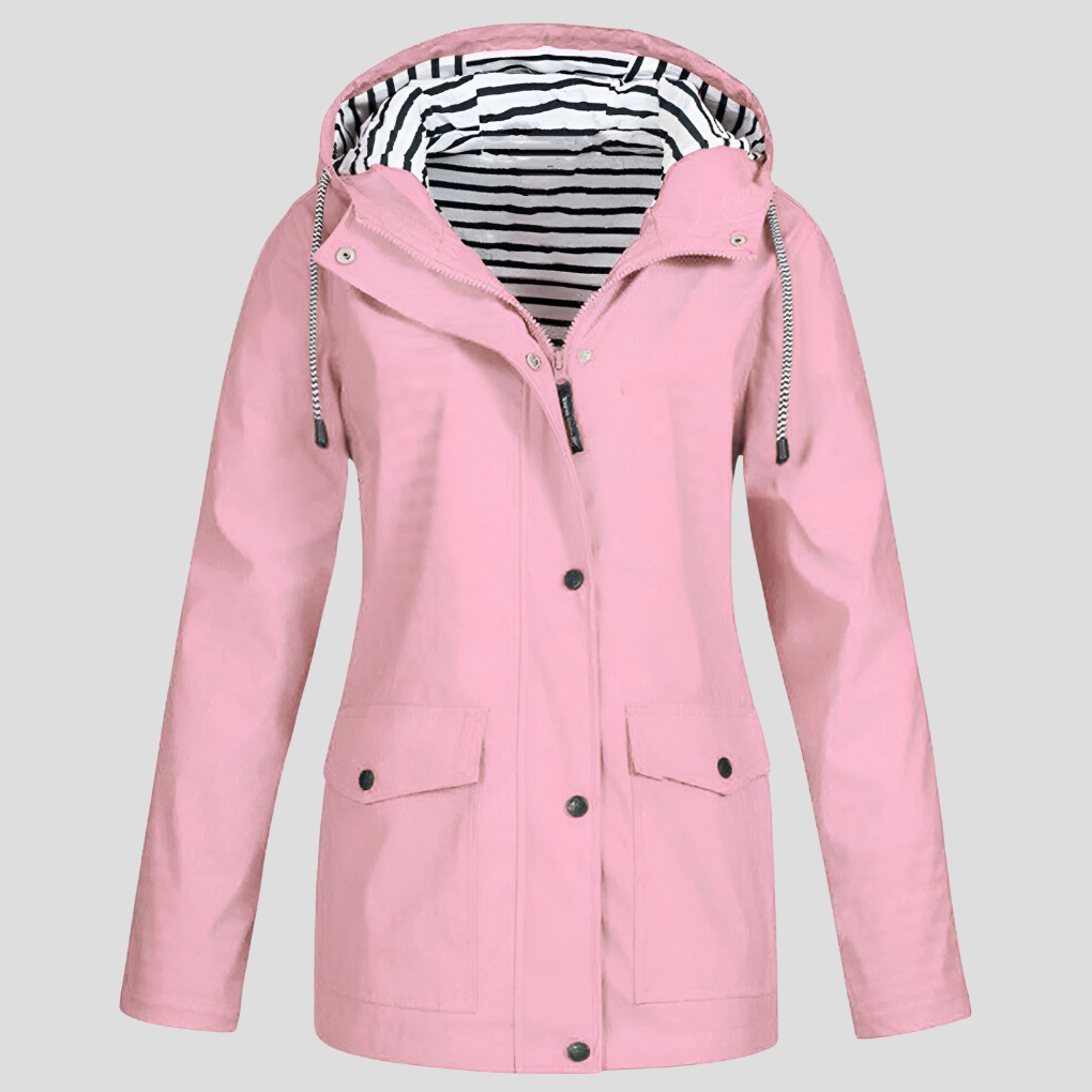 Pink hooded loose-fit jacket with drawstring, button front, flap pockets