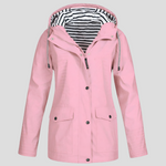 Pink hooded loose-fit jacket with drawstring, button front, flap pockets