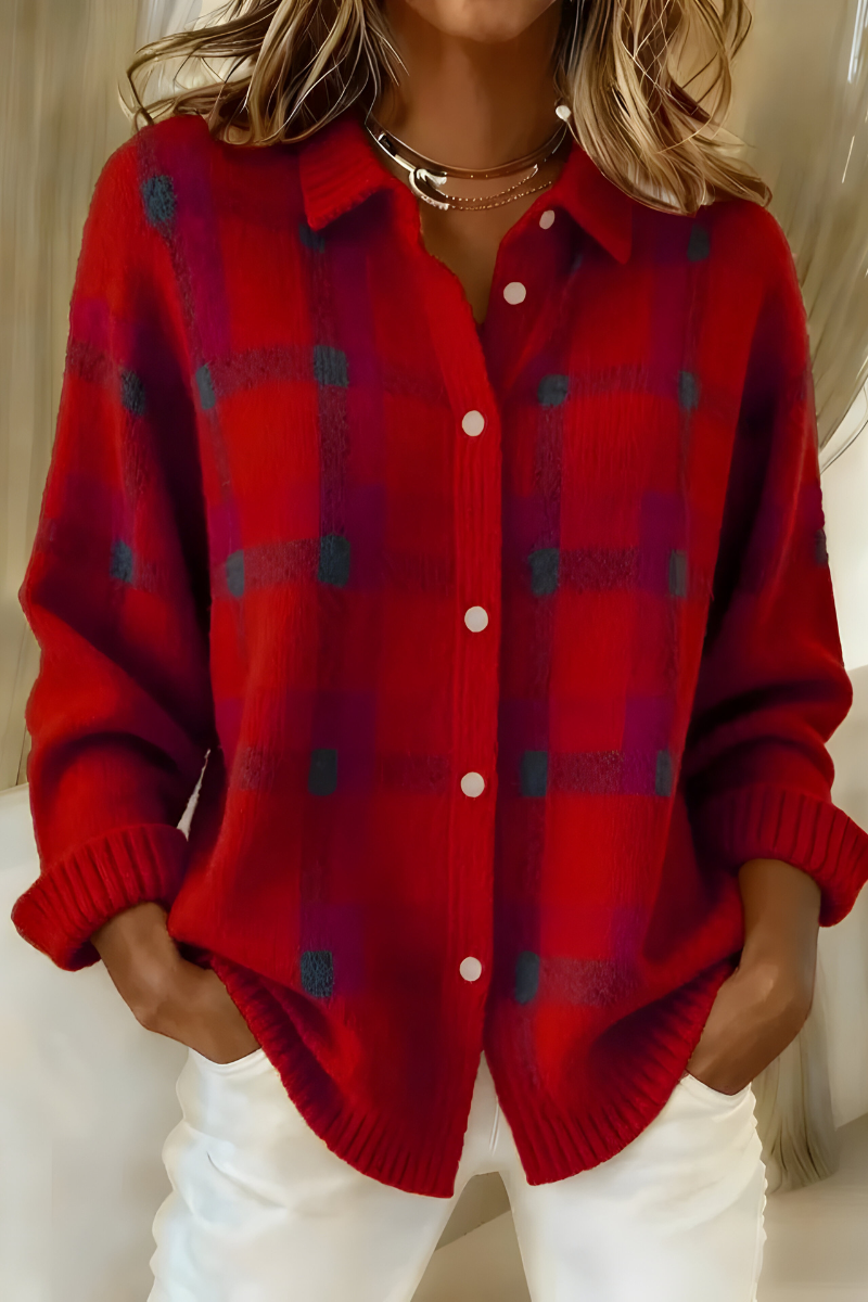 Red plaid knit cardigan with button-front, V-neck collar, long sleeves.