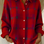 Red plaid knit cardigan with button-front, V-neck collar, long sleeves.