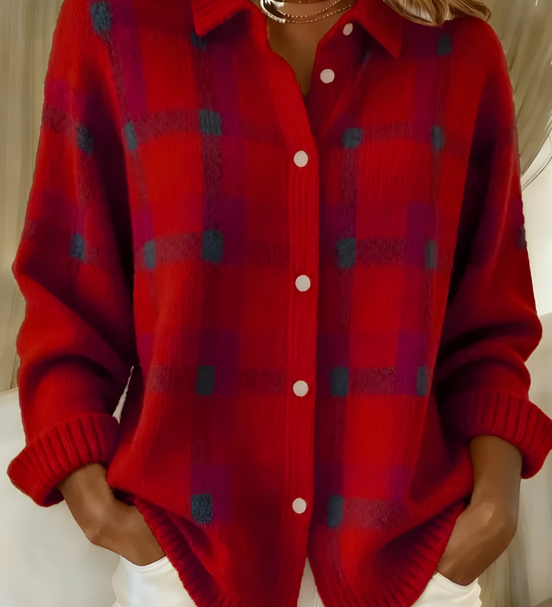 Red plaid knit cardigan with button-front, V-neck collar, long sleeves.