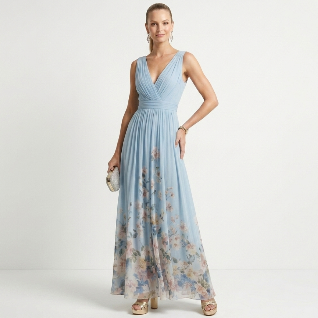 Light blue chiffon floral maxi dress with V-neckline and sleeveless bodice