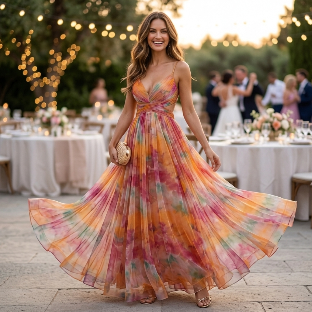 Multicolor floral long maxi dress with V neckline and spaghetti straps, flared skirt