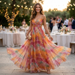 Multicolor floral long maxi dress with V neckline and spaghetti straps, flared skirt