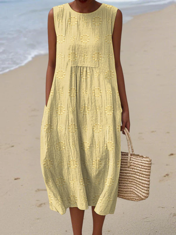Yellow midi embroidered sleeveless dress with round neck and ruffled tiers
