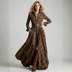 Brown plaid belted maxi shirt dress with long sleeves and front button placket