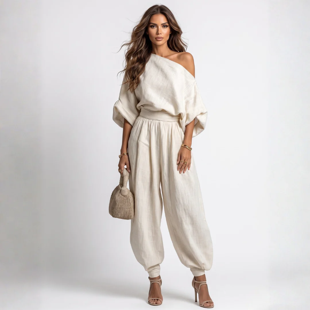 One-shoulder off-white linen top and relaxed drop-crotch pants set, elastic waist