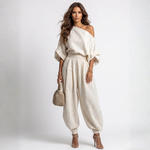 One-shoulder off-white linen top and relaxed drop-crotch pants set, elastic waist