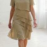 Beige layered short-sleeve chiffon dress with tiered ruffle skirt