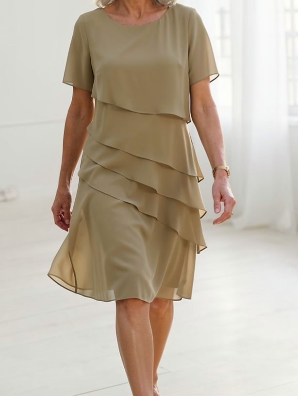 Beige layered short-sleeve chiffon dress with tiered ruffle skirt