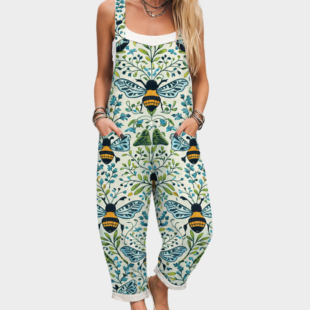 Loose printed overalls, sleeveless bib front, wide legs, multicolor botanical and bee design